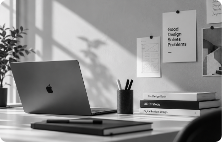 A grayscale workspace with a laptop, design books, and sketches