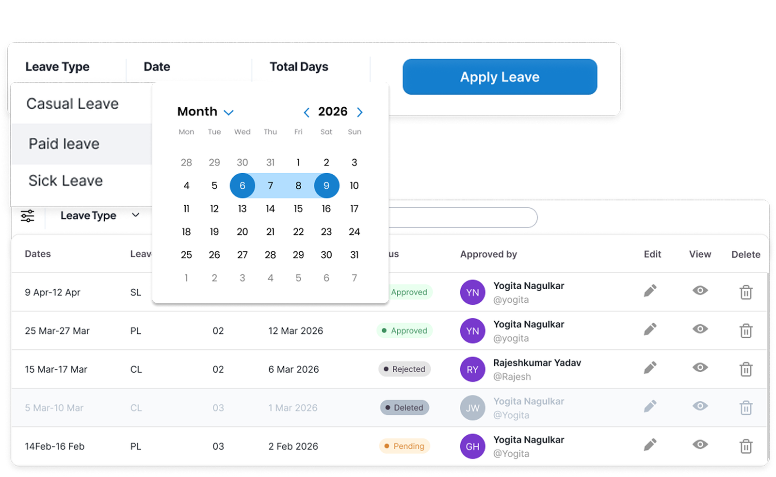 EmpflowHR leave management interface with leave type selection, a date picker, and approval status table