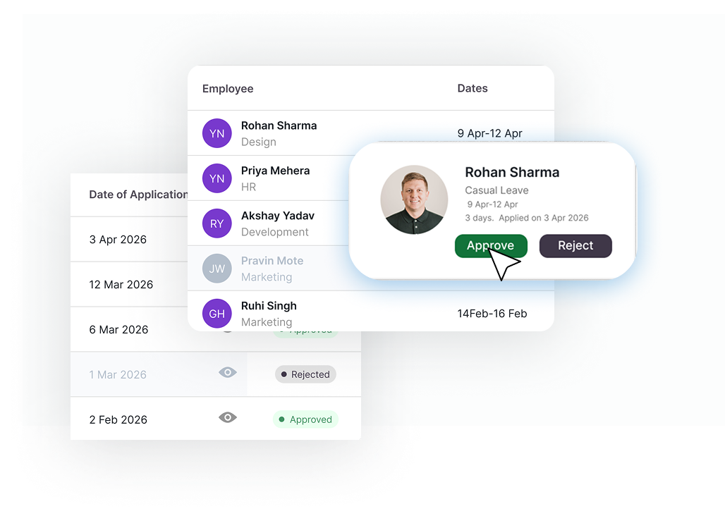 EmpflowHR employee list and leave approval interface with an approval action popup