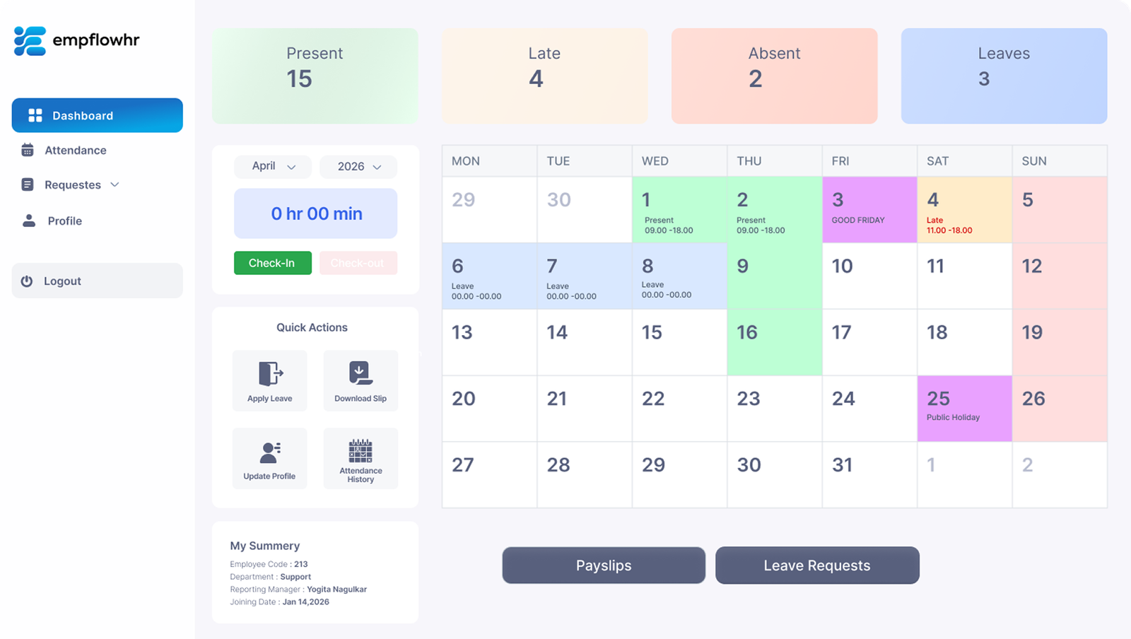 EmpflowHR dashboard showing attendance summaries, a calendar, quick actions, and employee information