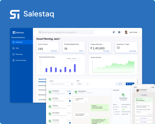Salestaq CRM dashboard with analytics and messaging interface