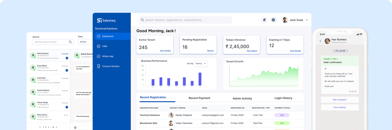 Salestaq CRM dashboard with customer conversations, business analytics, and WhatsApp mobile interface