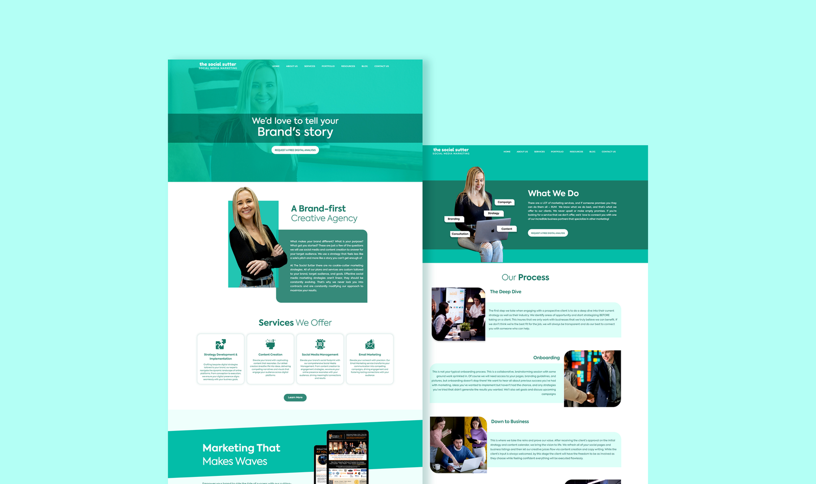 The Social Sutter website homepage and service page shown as overlapping desktop mockups